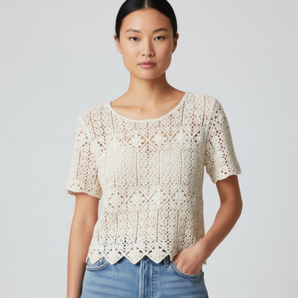 Suzy Shier Ivory Crochet Lace Short Sleeve Top